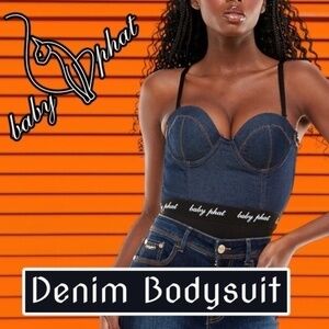 BABY PHAT Denim Logo Exposed Back Zipper Removable Strap Bustier BODYSUIT-Sm/NWT